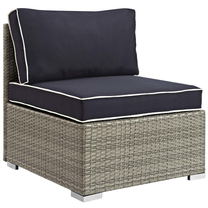 Repose Outdoor Patio Armless Chair, Sunbrella Rattan Wicker, Navy Blue Light Gray 13901