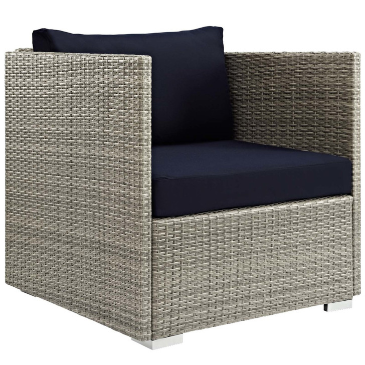 Repose Sunbrella® Fabric Outdoor Patio Armchair, Sunbrella Rattan Wicker, Navy Blue Light Gray 13913