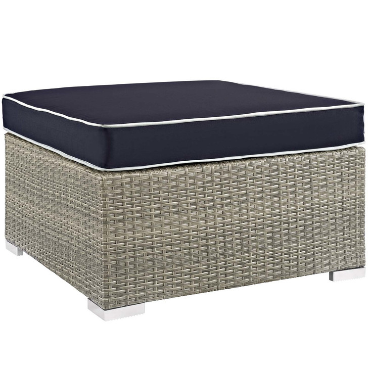 Repose Outdoor Patio Upholstered Fabric Ottoman, Sunbrella Rattan Wicker, Navy Blue Light Gray 13917