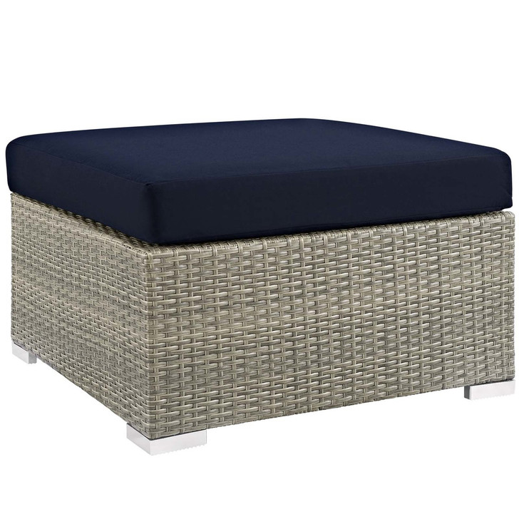 Repose Sunbrella® Fabric Outdoor Patio Ottoman, Sunbrella Rattan Wicker, Navy Blue Light Gray 13921