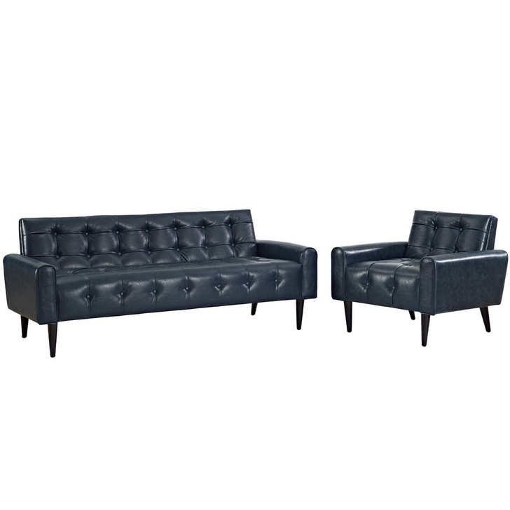 Delve 2 Piece Upholstered Vinyl Sofa and Armchair Set, Faux Vinyl Leather, Blue 13939