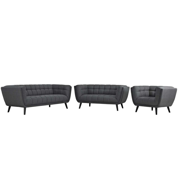 Bestow 3 Piece Upholstered Fabric Sofa Loveseat and Armchair Set, Fabric, Grey Gray 13948