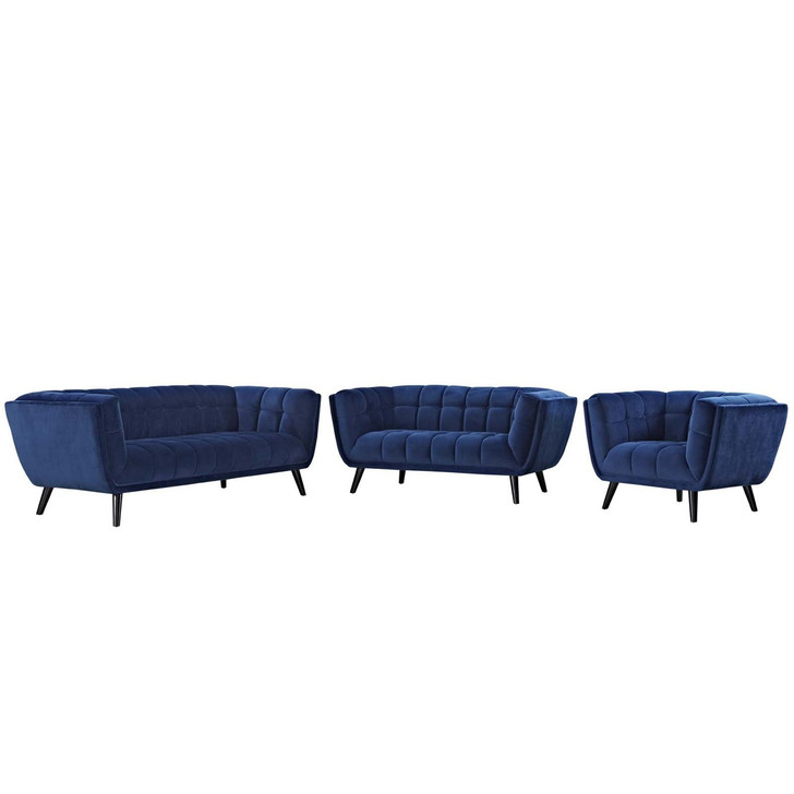 Bestow 3 Piece Velvet Sofa Loveseat and Armchair Set, Velvet Fabric, Navy Blue 13961