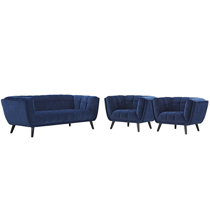 Bestow 3 Piece Velvet Sofa and Armchair Set, Velvet Fabric, Navy Blue 13970