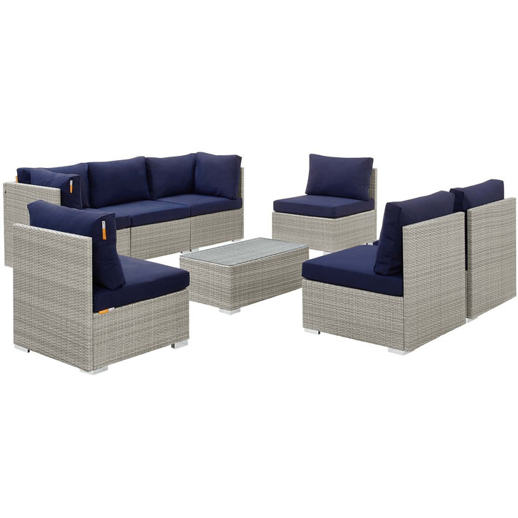 Repose 8 Piece Outdoor Patio Sunbrella® Sectional Set, Sunbrella Rattan Wicker, Navy Blue Light Gray 14031