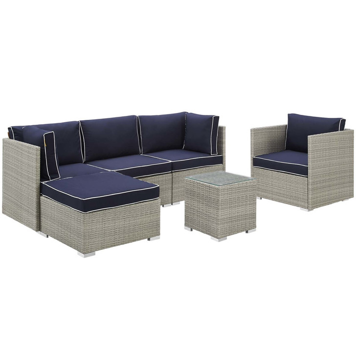 Repose 6 Piece Outdoor Patio Sectional Set, Sunbrella Rattan Wicker, Navy Blue Light Gray 14035