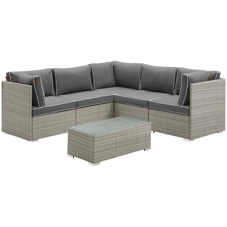 Repose 6 Piece Outdoor Patio Sectional Set, Sunbrella Rattan Wicker, Dark Grey Gray 14041