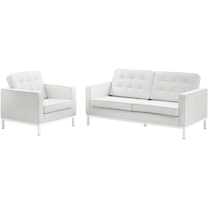 Loft 2 Piece Leather Loveseat and Armchair Set, Genuine Leather, White 14170