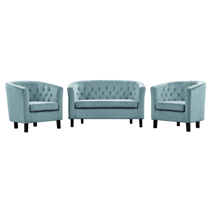 Prospect 3 Piece Velvet Loveseat and Armchair Set, Velvet Fabric, Blue 14229