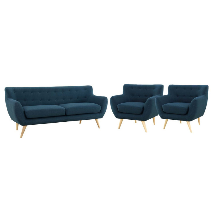 Remark 3 Piece Living Room Sofa and Two Armchairs Set, Fabric, Navy Blue 14310