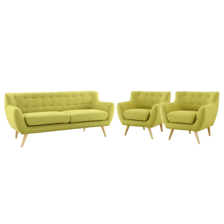 Remark 3 Piece Living Room Sofa and Two Armchairs Set, Fabric, Green 14316