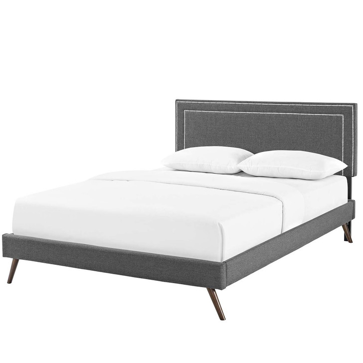 Virginia Queen Fabric Platform Bed with Round Splayed Legs, Queen Size, Fabric, Grey Gray, 14536