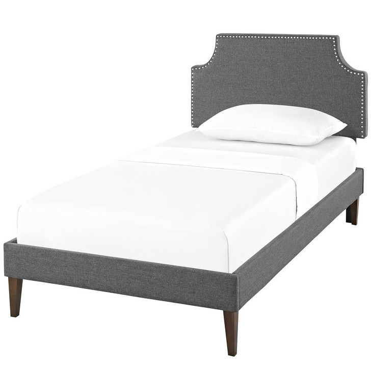 Corene Twin Fabric Platform Bed with Squared Tapered Legs, Twin Size, Fabric Copper Nail Rivet, Grey Gray, 14626