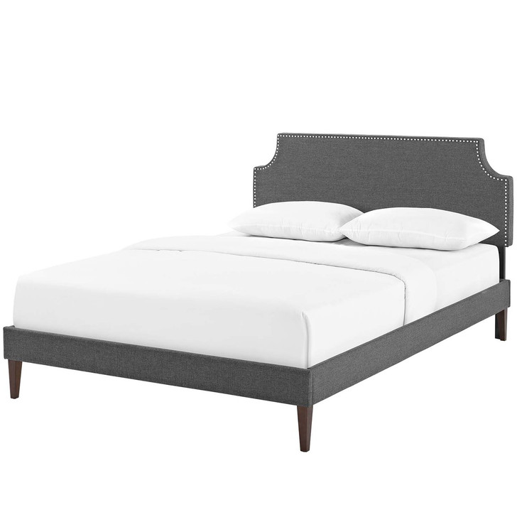 Corene King Fabric Platform Bed with Squared Tapered Legs, King Size, Fabric Copper Nail Rivet, Grey Gray, 14641