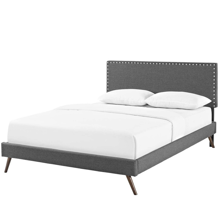 Macie Queen Fabric Platform Bed with Round Splayed Legs, Queen Size, Fabric, Grey Gray, 14656