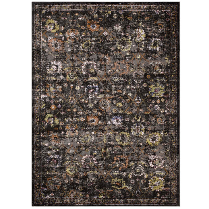 Minu Distressed Floral Lattice 5x8 Area Rug, Fabric,  Multi Black 14810