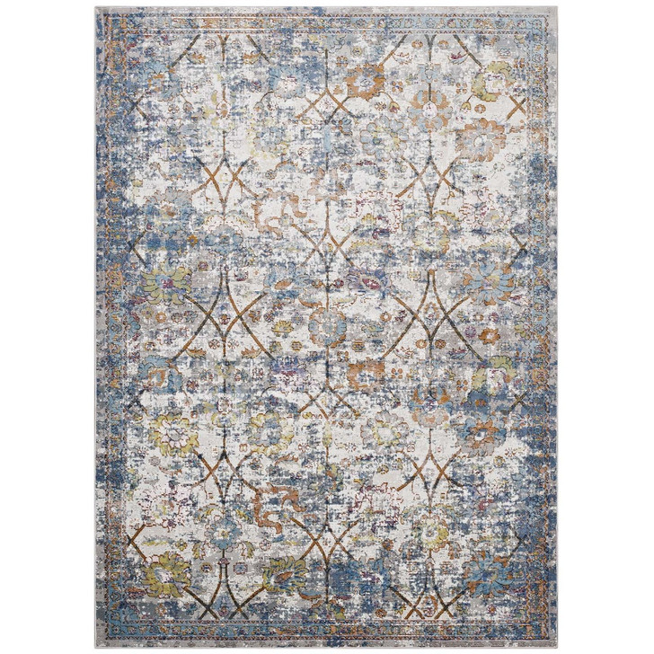 Minu Distressed Floral Lattice 4x6 Area Rug, Fabric,  Multi Blue 14812