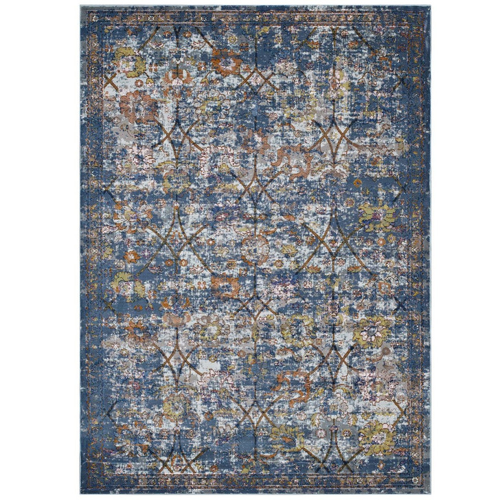 Minu Distressed Floral Lattice 5x8 Area Rug, Fabric,  Multi Blue 14816