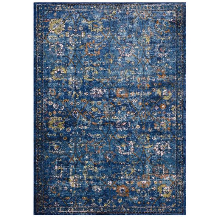 Minu Distressed Floral Lattice 4x6 Area Rug, Fabric,  Multi Blue 14818