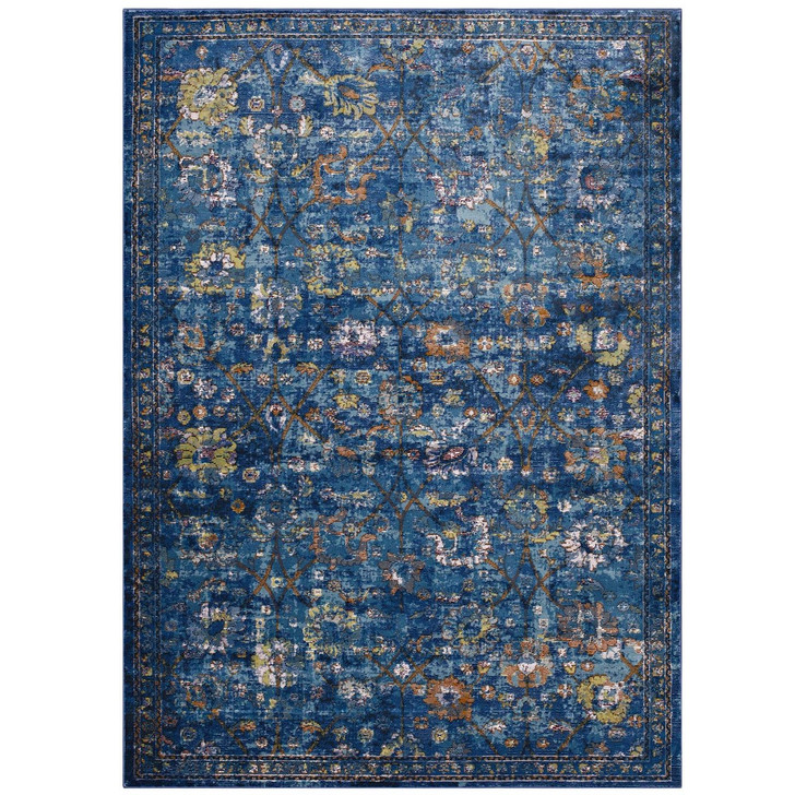 Minu Distressed Floral Lattice 5x8 Area Rug, Fabric,  Multi Blue 14819