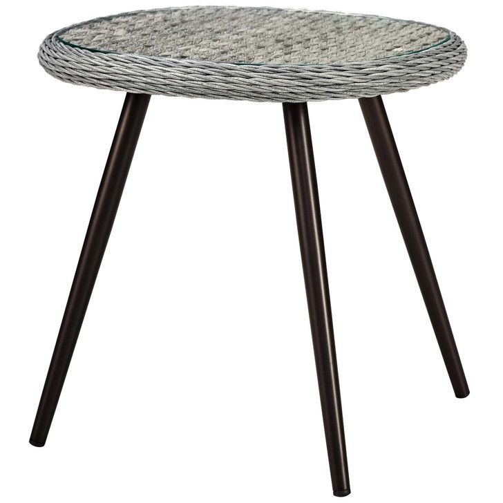 Endeavor Outdoor Patio Wicker Rattan Side Table, Rattan Wicker Glass Aluminum Metal, Grey Gray 15191