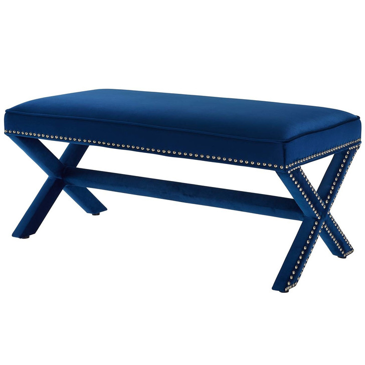 Rivet Upholstered Velvet Bench, Velvet Fabric Copper Nail Rivet, Navy Blue 15195