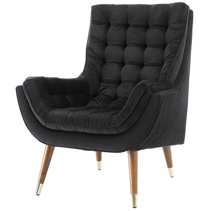 Suggest Button Tufted Upholstered Velvet Lounge Chair, Velvet Fabric, Black 15304