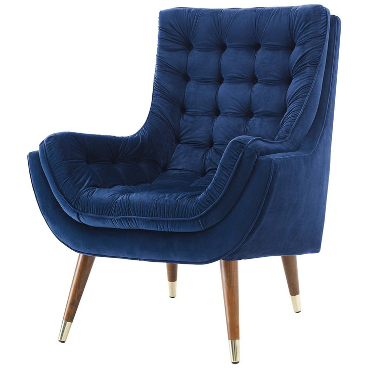 Suggest Button Tufted Upholstered Velvet Lounge Chair, Velvet Fabric, Navy Blue 15311