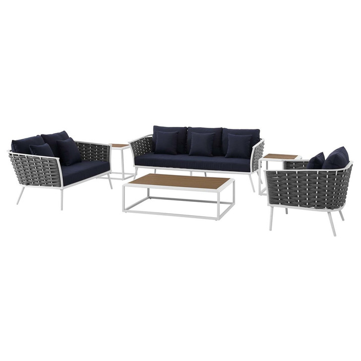 Stance 6 Piece Outdoor Patio Aluminum Sectional Sofa Set, Fabric Aluminium, White Navy 15323