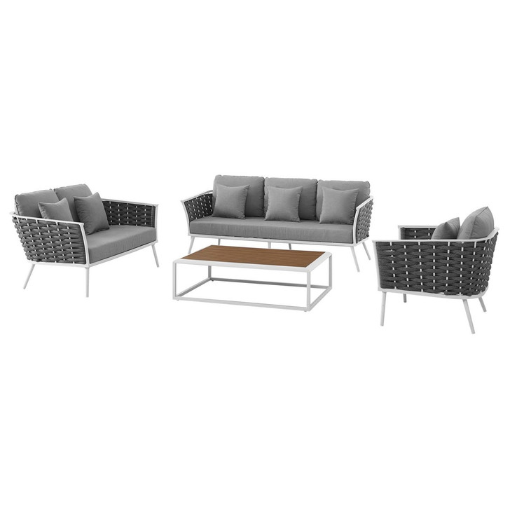 Stance 4 Piece Outdoor Patio Aluminum Sectional Sofa Set, Fabric Aluminium, White Grey Gray 15326