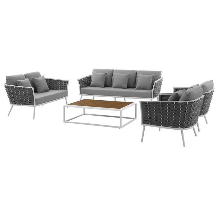 Stance 5 Piece Outdoor Patio Aluminum Sectional Sofa Set, Fabric Aluminium, White Grey Gray 15350