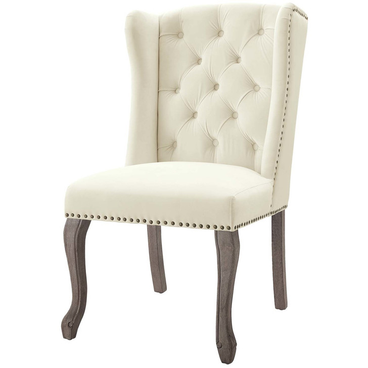 Apprise French Vintage Dining Performance Velvet Side Chair, Velvet Fabric Wood, Ivory White 15398