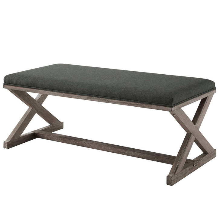 Province Vintage French X-Brace Upholstered Fabric Bench, Fabric Wood, Grey Gray 15413