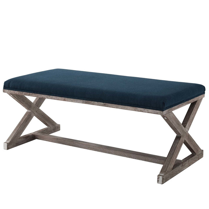 Province Vintage French X-Brace Upholstered Fabric Bench, Fabric Wood, Navy Blue 15415