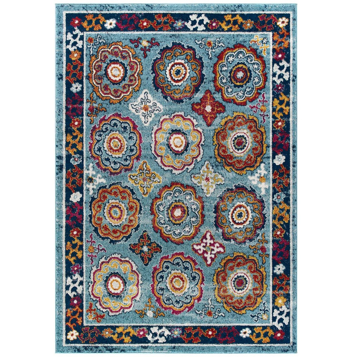 Entourage Odile Transitional Distressed Vintage Floral Moroccan Trellis 5x8 Area Rug, Fabric, Multi Blue 15623