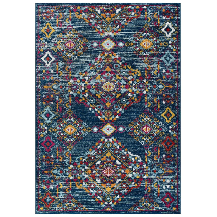 Entourage Khalida Distressed Vintage Floral Lattice 5x8 Area Rug, Fabric, Multi Blue 15629