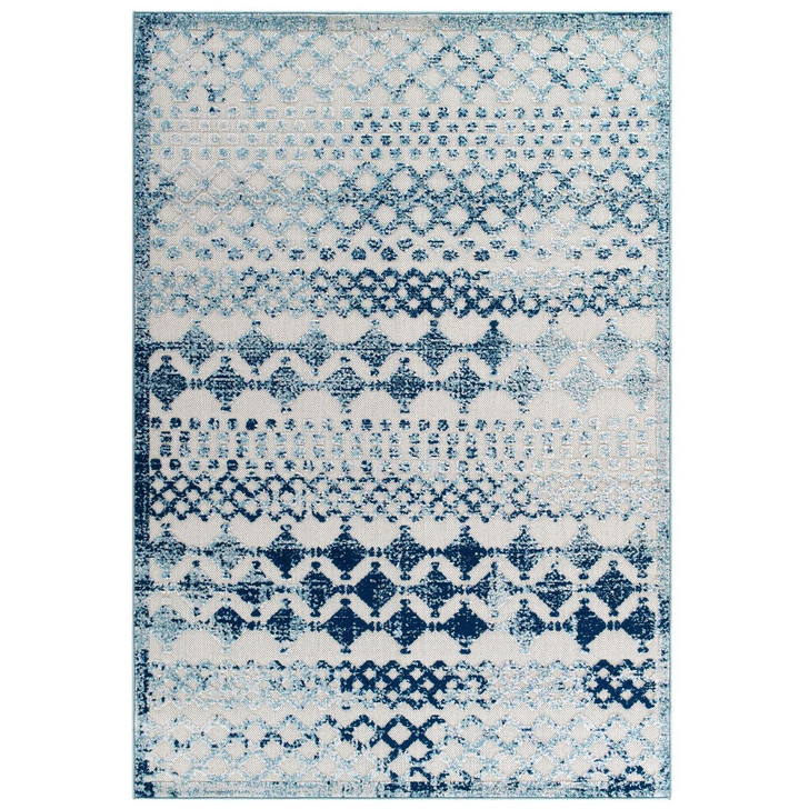 Reflect Giada Distressed Vintage Abstract Diamond Moroccan Trellis 5x8 Indoor and Outdoor Area Rug, Fabric, Blue Ivory White 15660