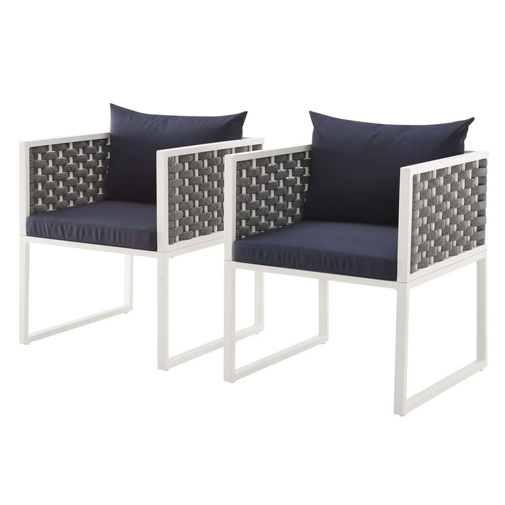 Stance Dining Armchair Outdoor Patio Aluminum Set of 2, Fabric Aluminium, White Navy 15693