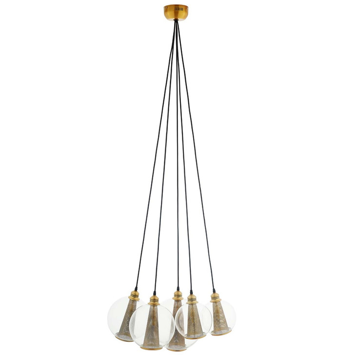 Peak Brass Cone And Glass Globe Cluster Pendant Light Chandelier, Metal Steel, Black Gold 15703