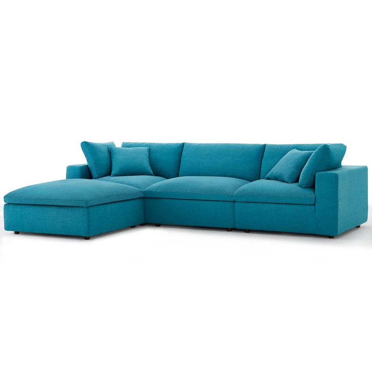 Commix Down Filled Overstuffed 4 Piece Sectional Sofa Set, Fabric, Aqua Blue 15729