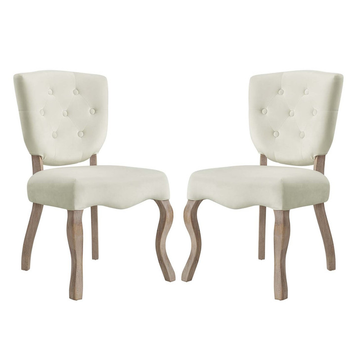 Array Dining Side Chair Set of 2, Velvet Fabric Wood, Ivory White 15769