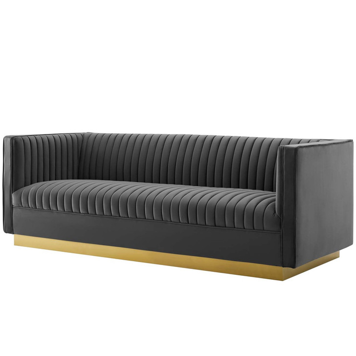 Sanguine Vertical Channel Tufted Performance Velvet Sofa, Velvet Fabric Metal Steel, Grey Gray 15789