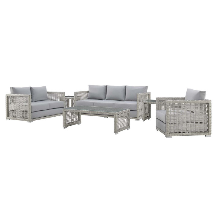 Aura 6 Piece Outdoor Patio Wicker Rattan Set, Rattan Wicker, Grey Gray 15869