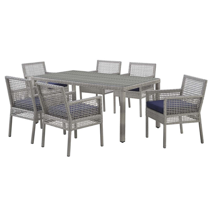 Aura 7 Piece Outdoor Patio Wicker Rattan Set, Rattan Wicker, Navy Blue Grey Gray 15873