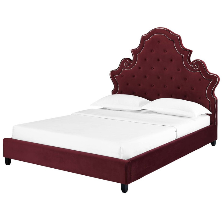 Valentina Queen Tufted Nailhead Performance Velvet Platform Bed, Queen Size, Velvet Fabric, Red, 15890