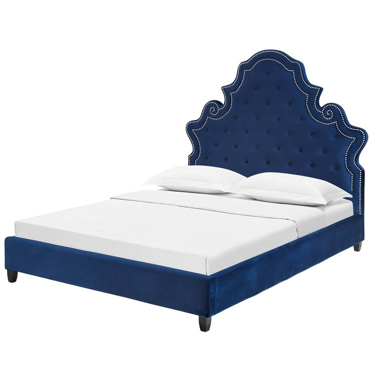 Valentina Queen Tufted Nailhead Performance Velvet Platform Bed, Queen Size, Velvet Fabric, Navy Blue, 15891
