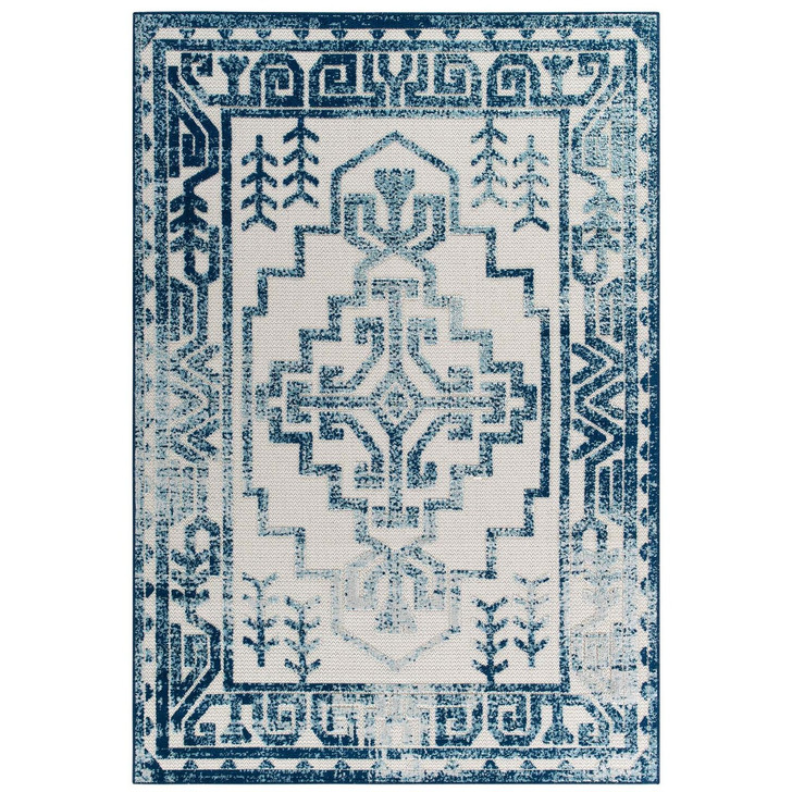 Reflect Nyssa Distressed Geometric Southwestern Aztec 5x8 Indoor and Outdoor Area Rug, Fabric, Blue Ivory White 15925