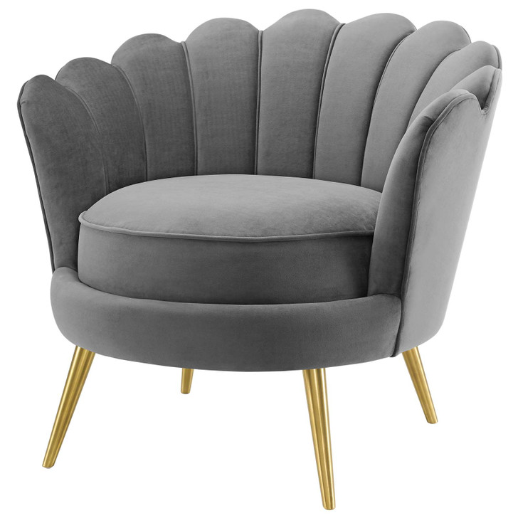 Admire Scalloped Edge Performance Velvet Accent Armchair, Velvet Fabric Metal Steel, Grey Gray, 17362