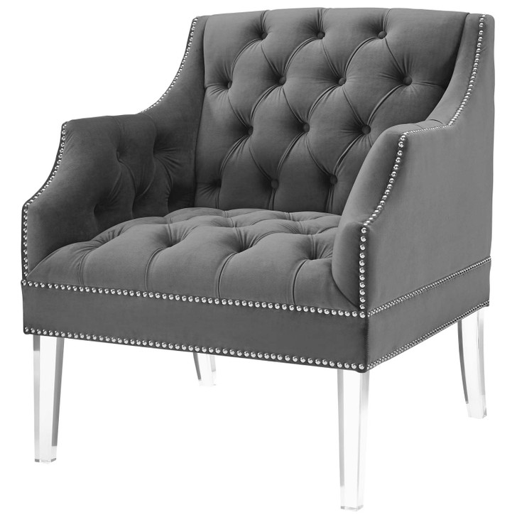Proverbial Tufted Button Accent Performance Velvet Armchair, Velvet Fabric, Grey Gray, 17372