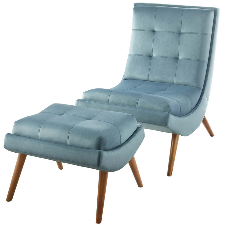 Ramp Upholstered Performance Velvet Lounge Chair and Ottoman Set, Velvet Fabric Wood, Light Blue, 17444